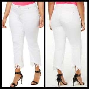 INC Plus White Denim Ankle Jeans Mid Rise Tummy Control Slimming Fringe Hem